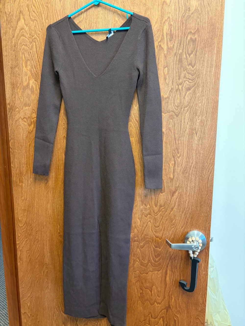 Express Brown Long Sleeve V-Neck Knit Maxi Dress